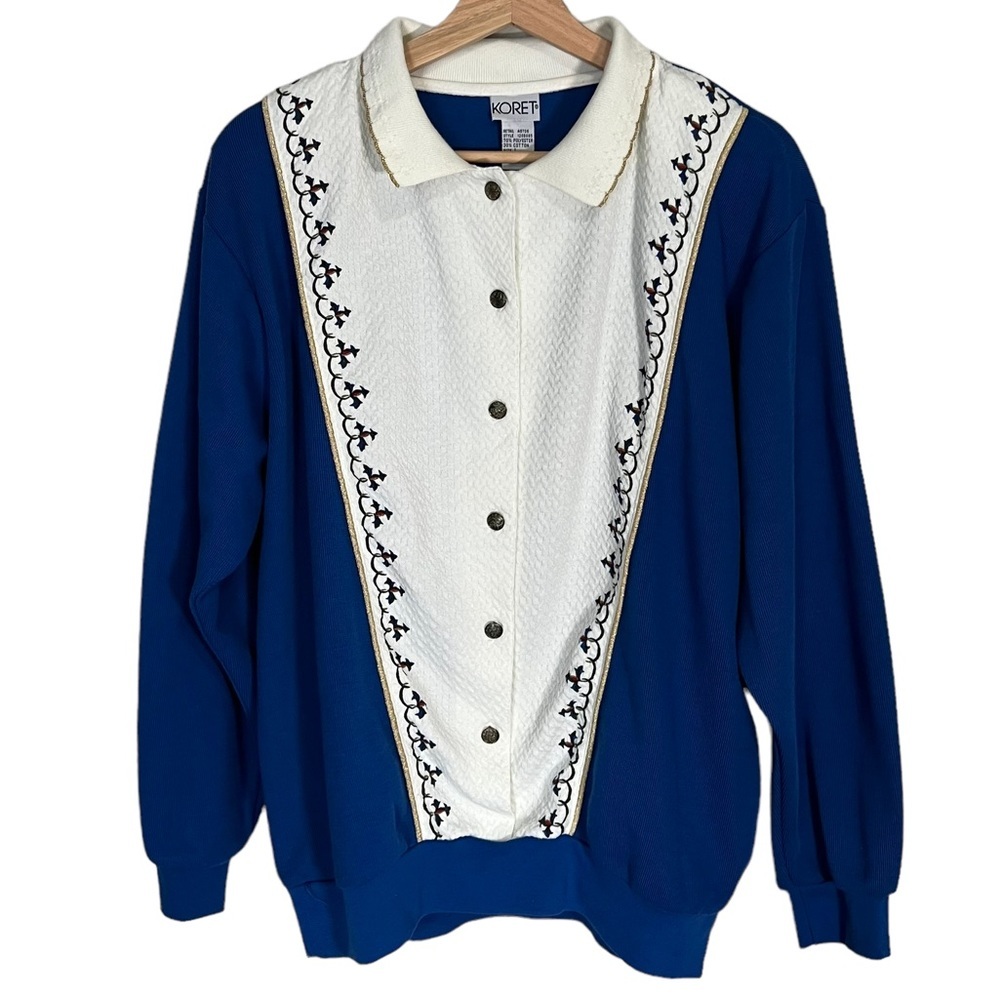 Vintage Koret 80s 90s Cottagecore Embroidered Blue and white collared sweater